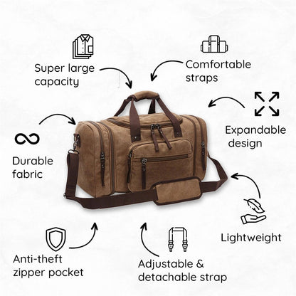 Canvas Duffel Bag with Expandable Panel and Laptop Compartment, Large Capacity for Travel