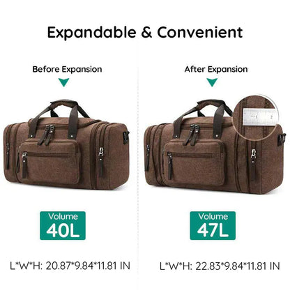 Canvas Duffel Bag with Expandable Panel and Laptop Compartment, Large Capacity for Travel