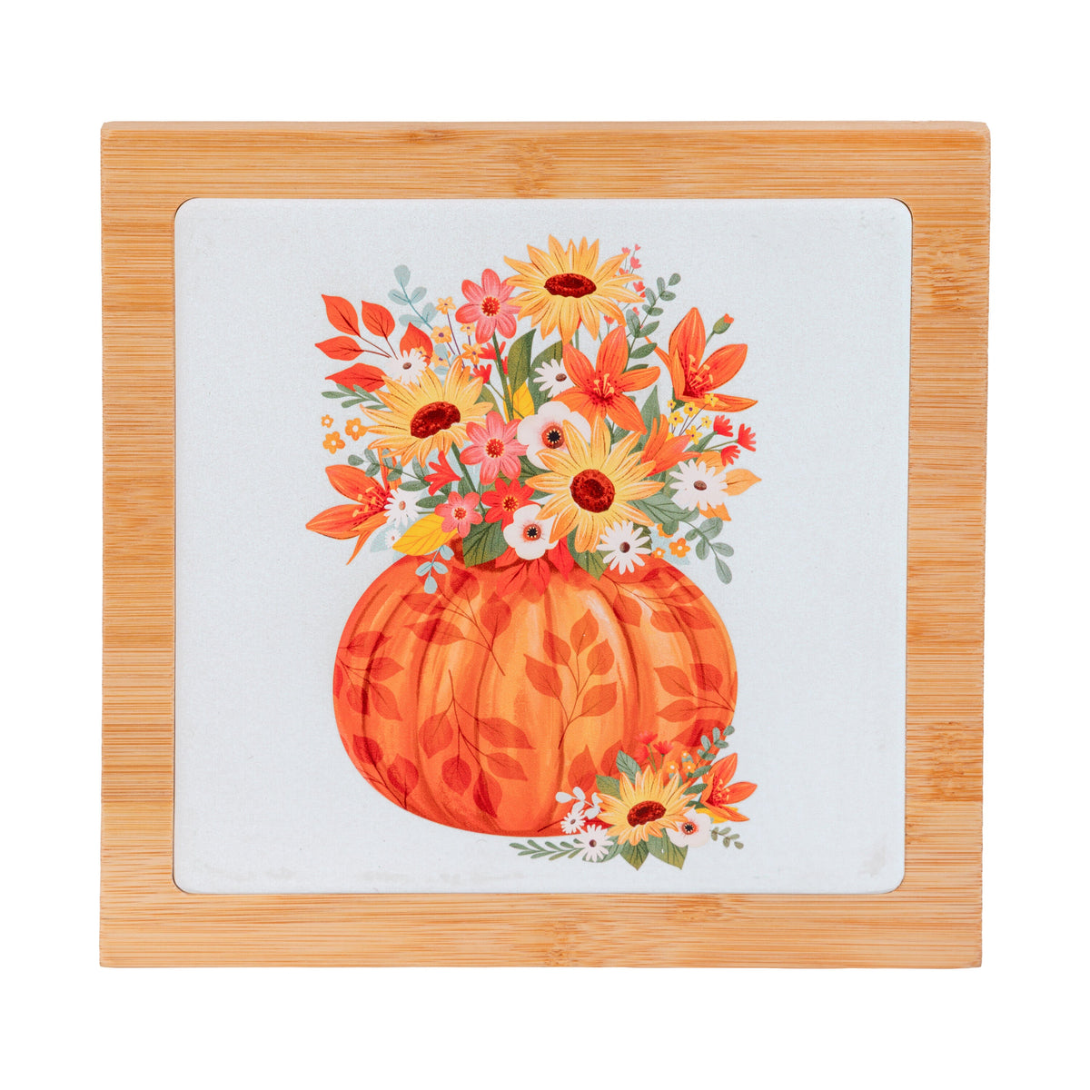 Heat Resistant Ceramic Trivet with Wood Base and Pumpkin Design, 7.8 Inch