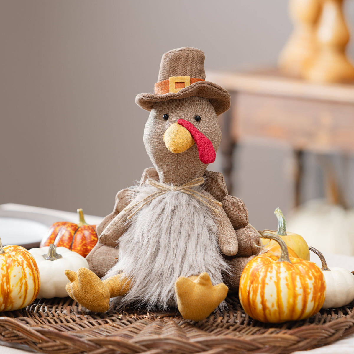 Harvest Table Centerpiece with Autumn Tones and Fabric Turkey, 12 Inches