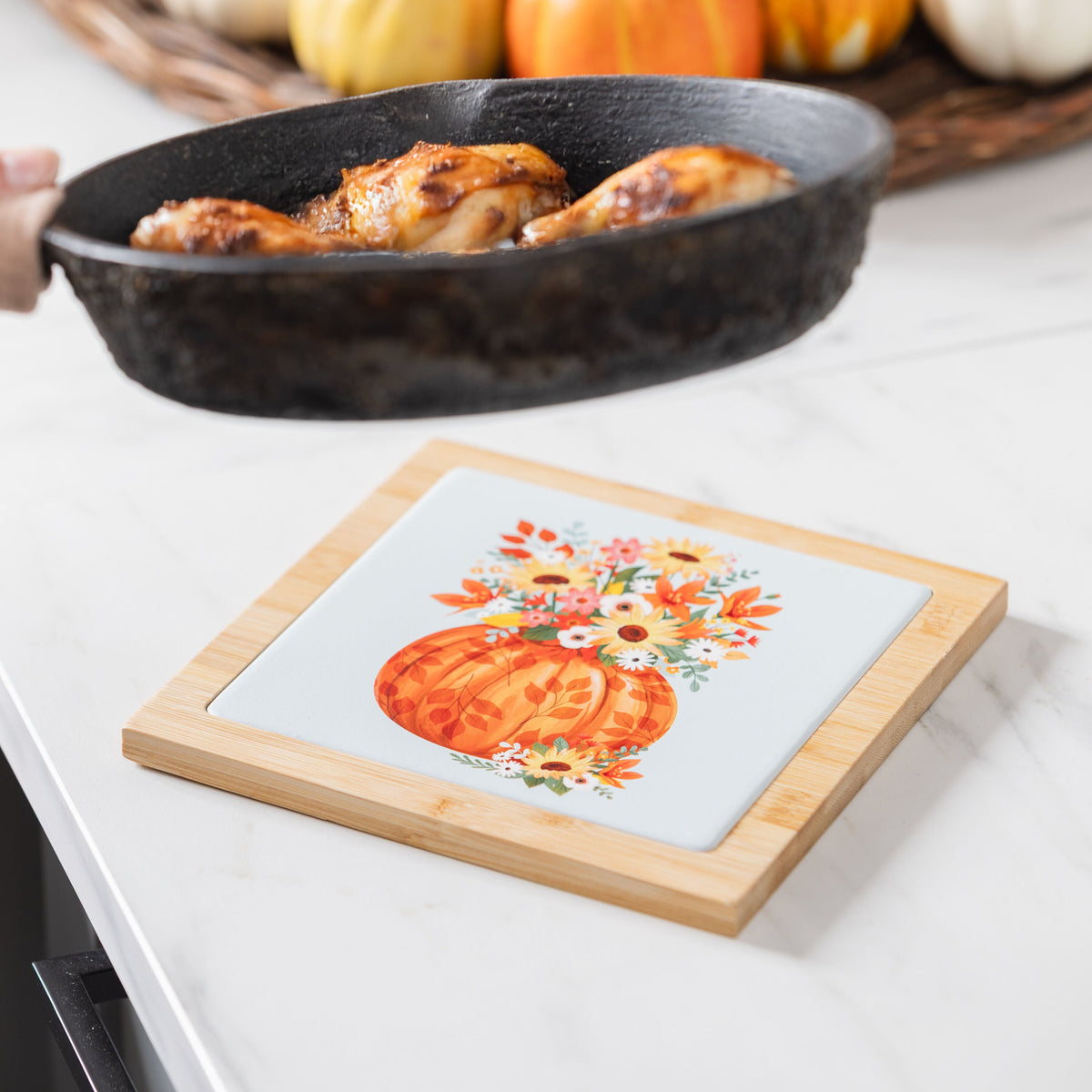 Heat Resistant Ceramic Trivet with Wood Base and Pumpkin Design, 7.8 Inch