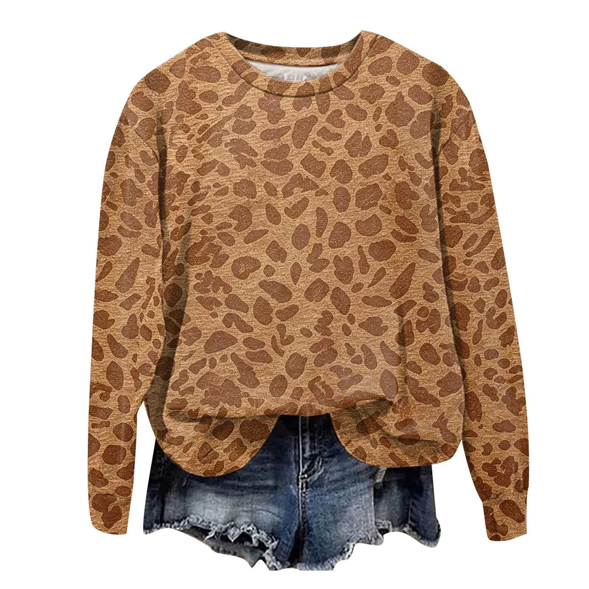 Oversized Leopard Print Pullover Sweatshirt with Round Neckline and Stretch Fabric