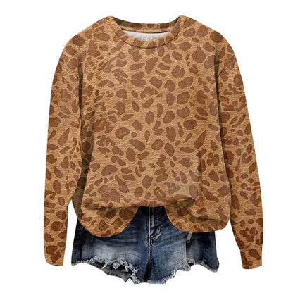 Oversized Leopard Print Pullover Sweatshirt with Round Neckline and Stretch Fabric