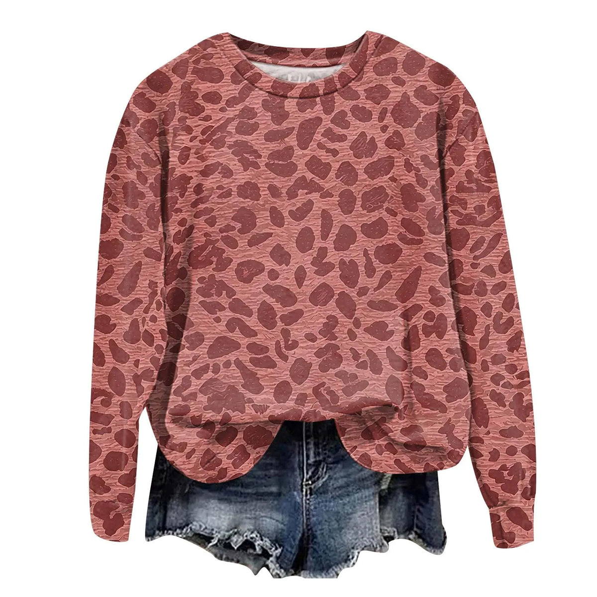 Oversized Leopard Print Pullover Sweatshirt with Round Neckline and Stretch Fabric