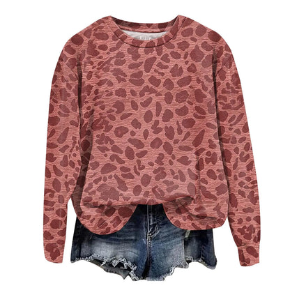 Oversized Leopard Print Pullover Sweatshirt with Round Neckline and Stretch Fabric
