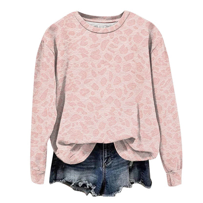 Oversized Leopard Print Pullover Sweatshirt with Round Neckline and Stretch Fabric