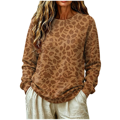 Oversized Leopard Print Pullover Sweatshirt with Round Neckline and Stretch Fabric