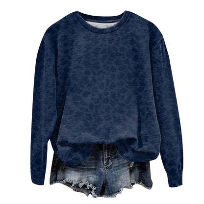 Oversized Leopard Print Pullover Sweatshirt with Round Neckline and Stretch Fabric