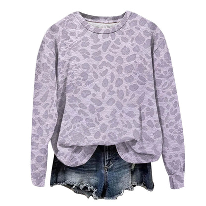 Oversized Leopard Print Pullover Sweatshirt with Round Neckline and Stretch Fabric