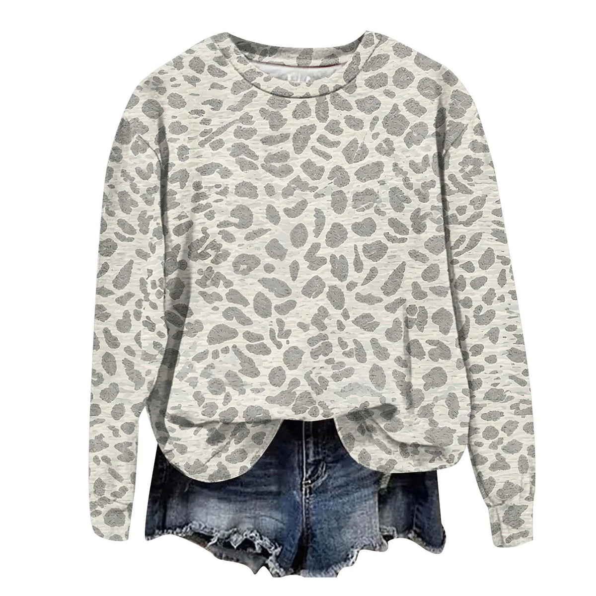 Oversized Leopard Print Pullover Sweatshirt with Round Neckline and Stretch Fabric