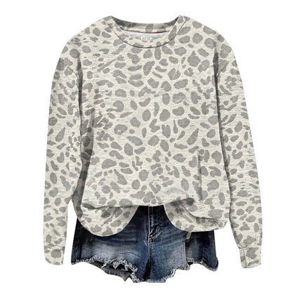 Oversized Leopard Print Pullover Sweatshirt with Round Neckline and Stretch Fabric