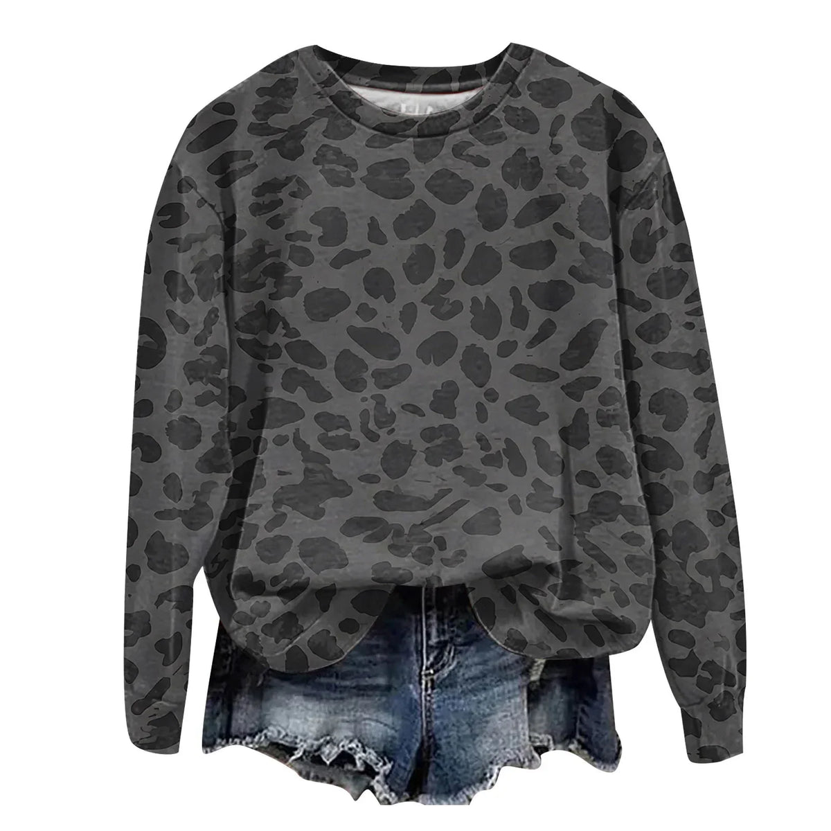 Oversized Leopard Print Pullover Sweatshirt with Round Neckline and Stretch Fabric