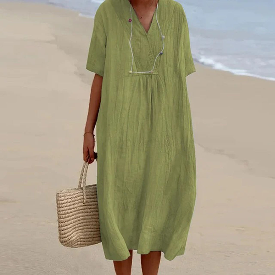 Summer Linen Midi Dress  V-Neck Loose Fit Design - Product detail 11