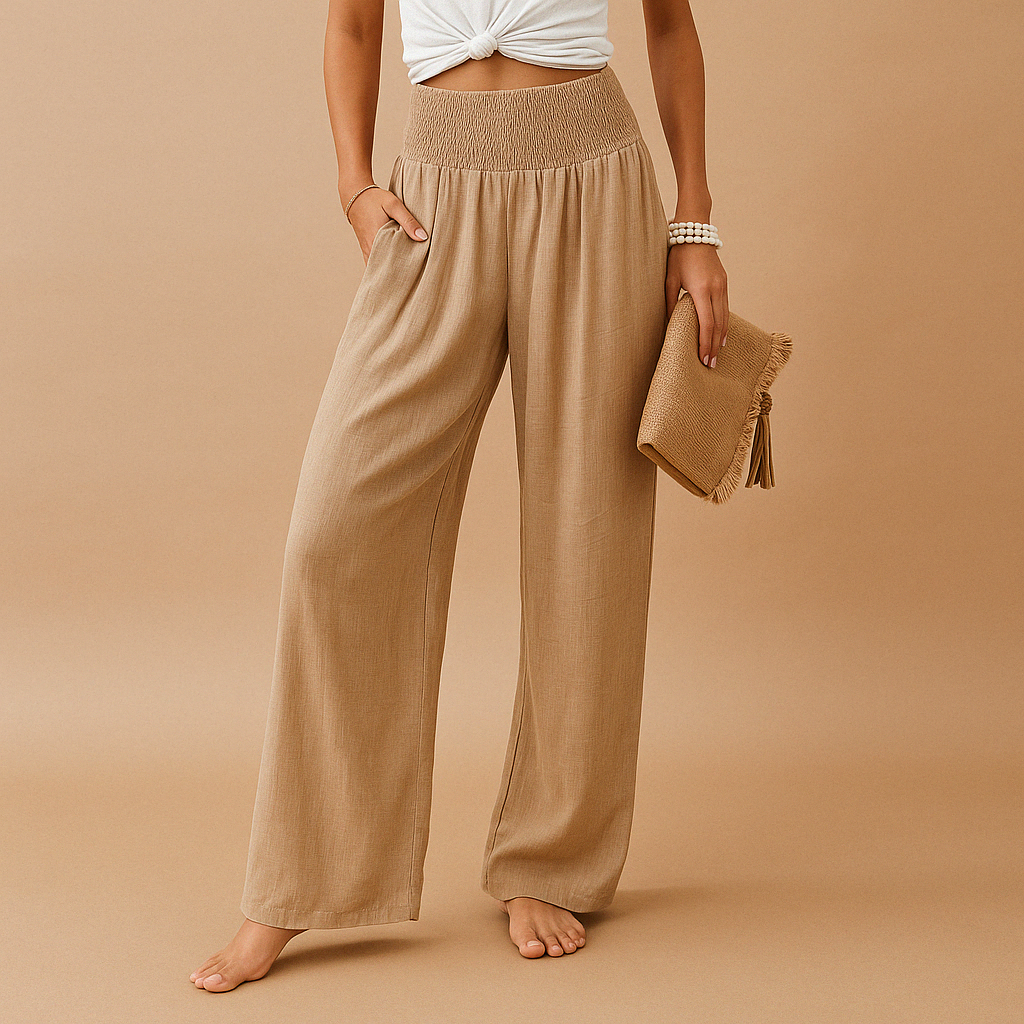 Elegant High Waist Linen Trousers for Women – Casual Elastic Waist