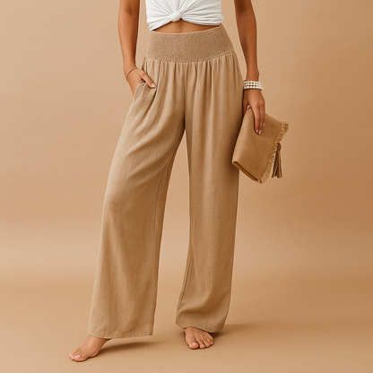 Elegant High Waist Linen Trousers for Women – Casual Elastic Waist