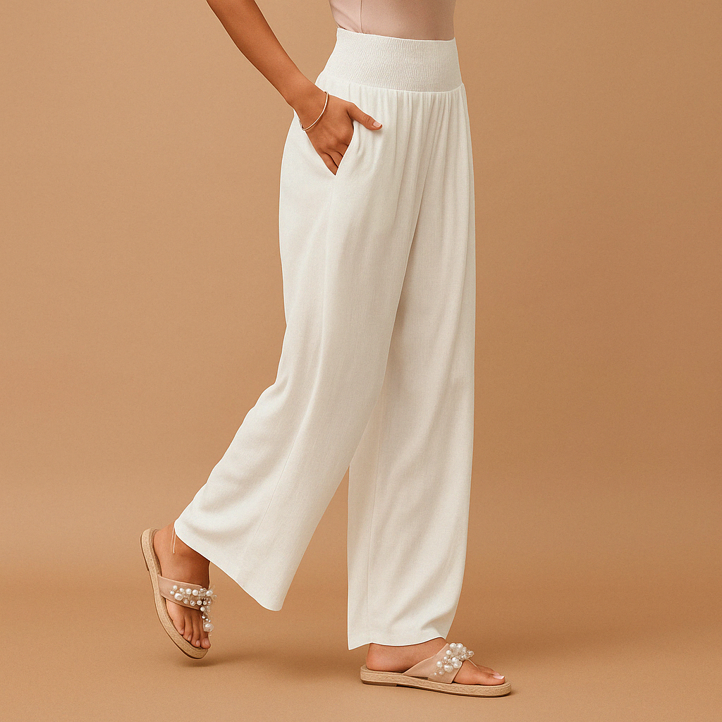 Elegant High Waist Linen Trousers for Women – Casual Elastic Waist