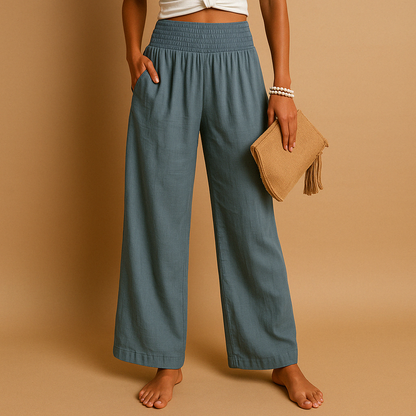 Elegant High Waist Linen Trousers for Women – Casual Elastic Waist