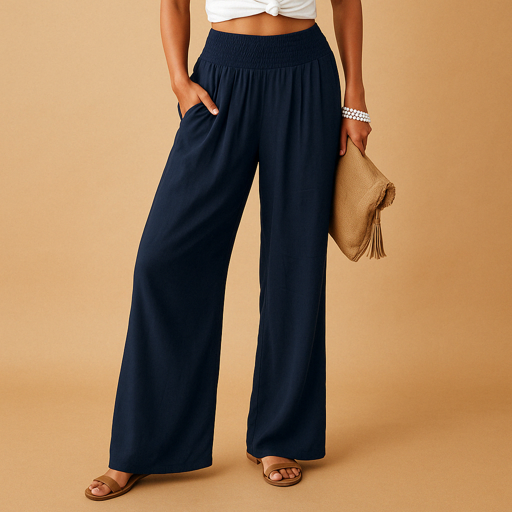 Elegant High Waist Linen Trousers for Women – Casual Elastic Waist