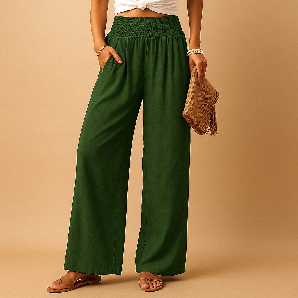 Elegant High Waist Linen Trousers for Women – Casual Elastic Waist