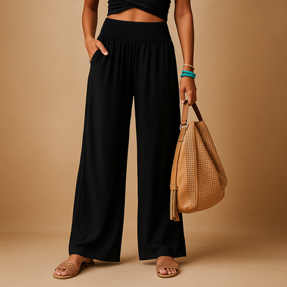 Elegant High Waist Linen Trousers for Women – Casual Elastic Waist