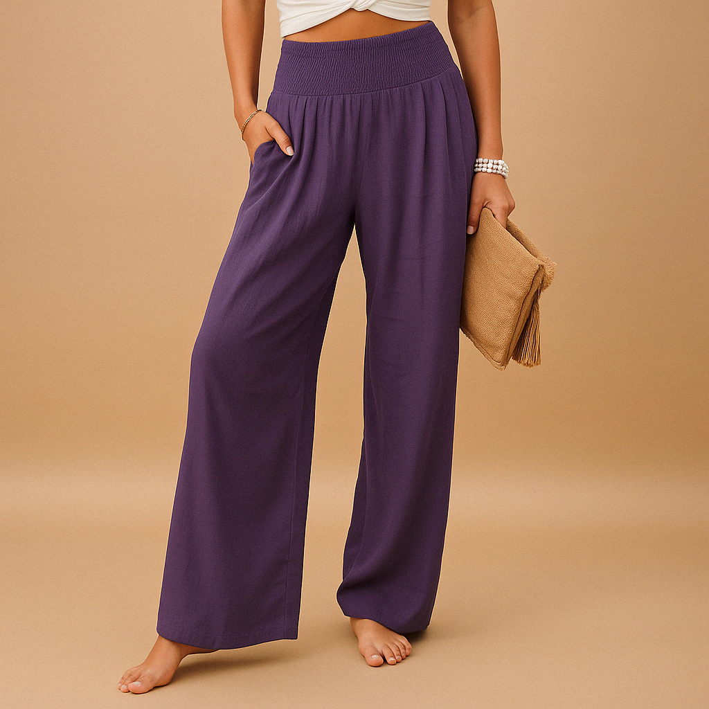 Elegant High Waist Linen Trousers for Women – Casual Elastic Waist