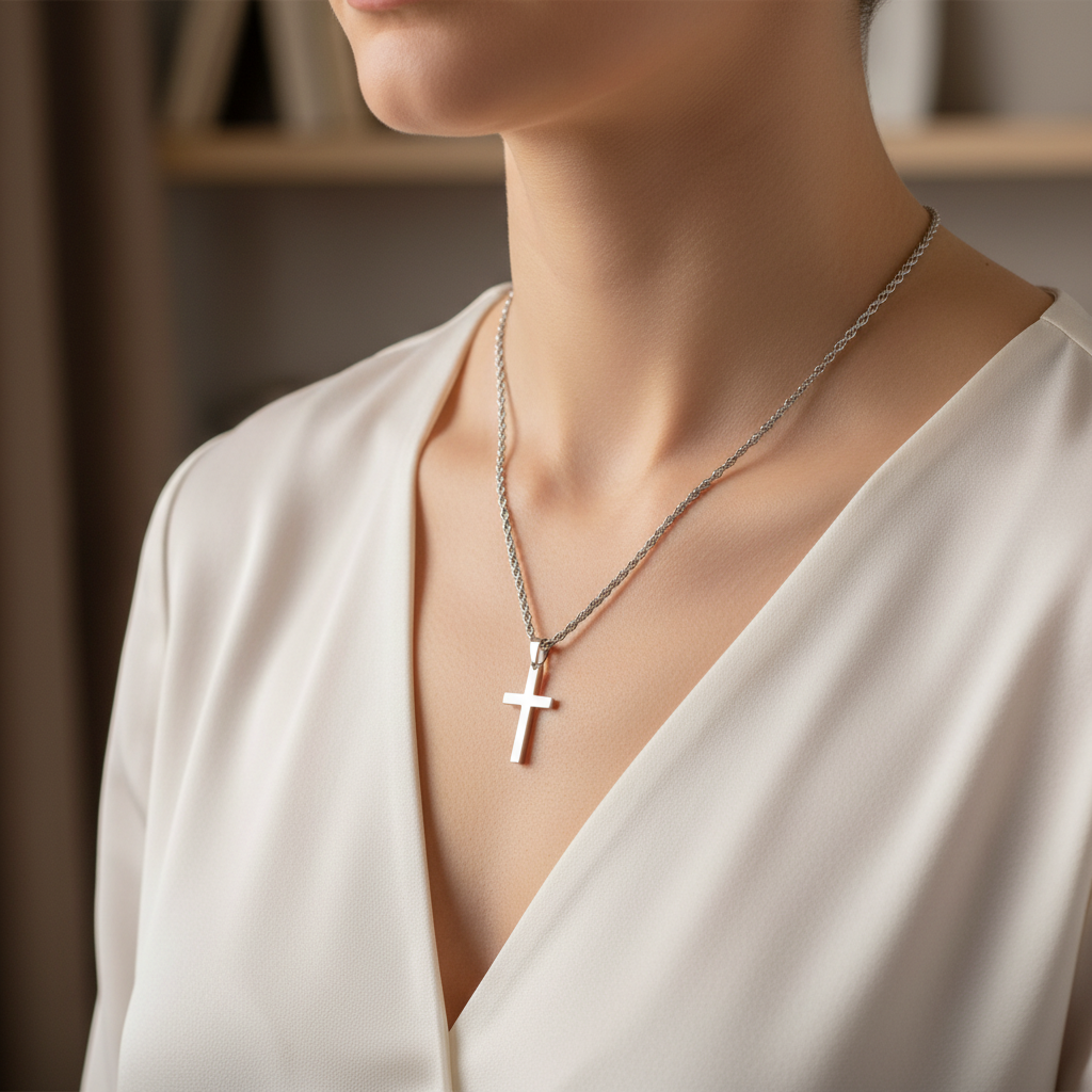 Cross Pendant Necklace with 24 Inch Chain and Hook Clasp