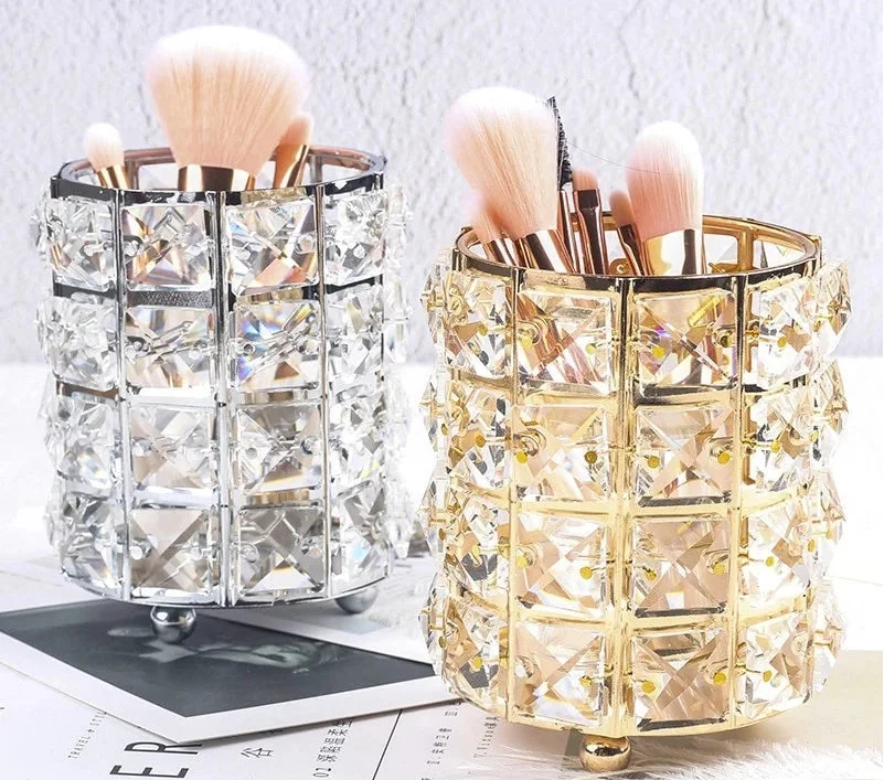 Crystal Makeup Brush Holder with Stainless Steel Frame and Glass Beads, Gold or Silver