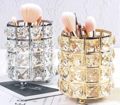 Crystal Makeup Brush Holder with Stainless Steel Frame and Glass Beads, Gold or Silver