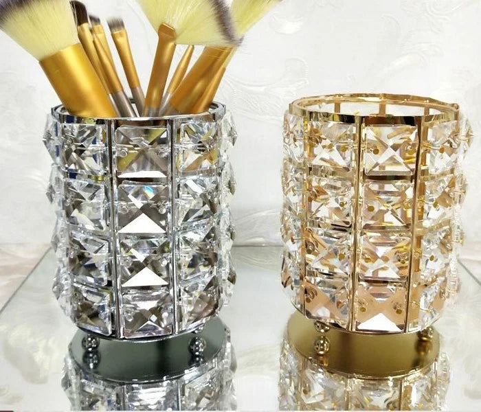 Crystal Makeup Brush Holder with Stainless Steel Frame and Glass Beads, Gold or Silver