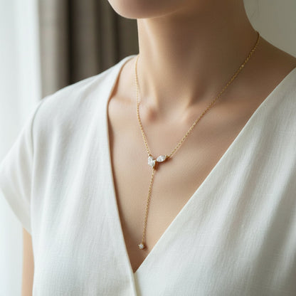 Moissanite Lariat Necklace with Marquise Stones and Y Drop Tassel, 4cttw Sterling Silver