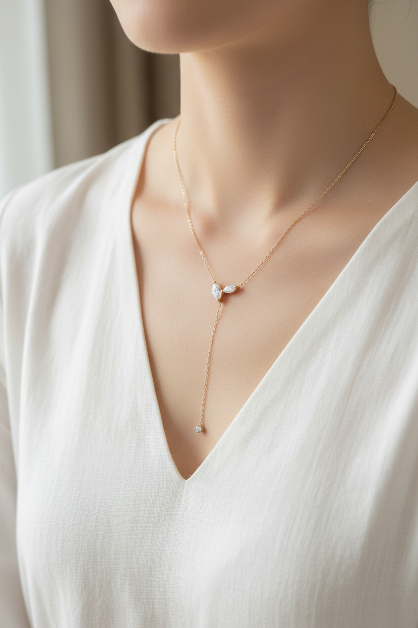Moissanite Lariat Necklace with Marquise Stones and Y Drop Tassel, 4cttw Sterling Silver