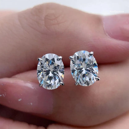 Moissanite Oval Stud Earrings with D Color VVS1 Clarity and Sterling Silver Setting