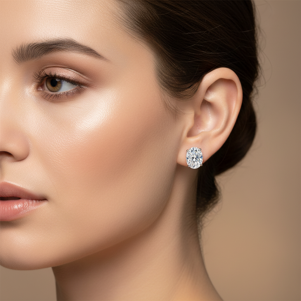 Moissanite Oval Stud Earrings with D Color VVS1 Clarity and Sterling Silver Setting