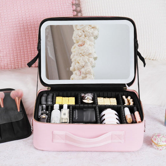 Makeup Organizer Case with Adjustable LED Mirror and Three Lighting Modes