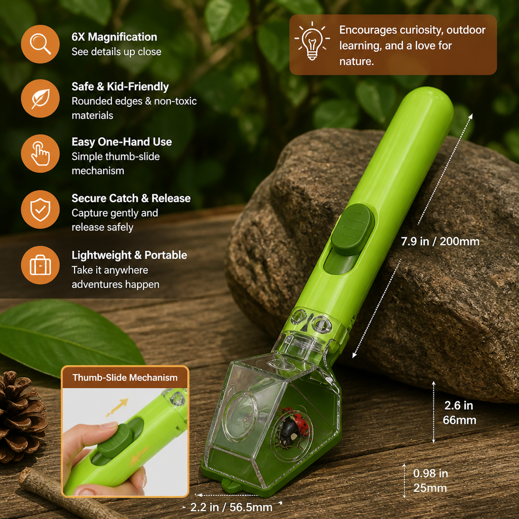 Insect Catcher with 6X Magnifying Lens and Clear Container for Kids
