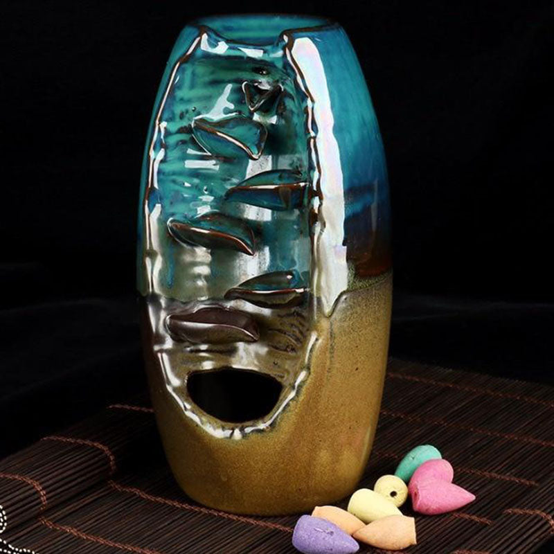 Ceramic Incense Waterfall Burner with Backflow Smoke Effect and 50 Cones