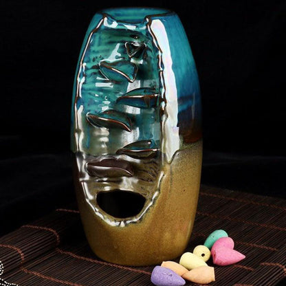 Ceramic Incense Waterfall Burner with Backflow Smoke Effect and 50 Cones