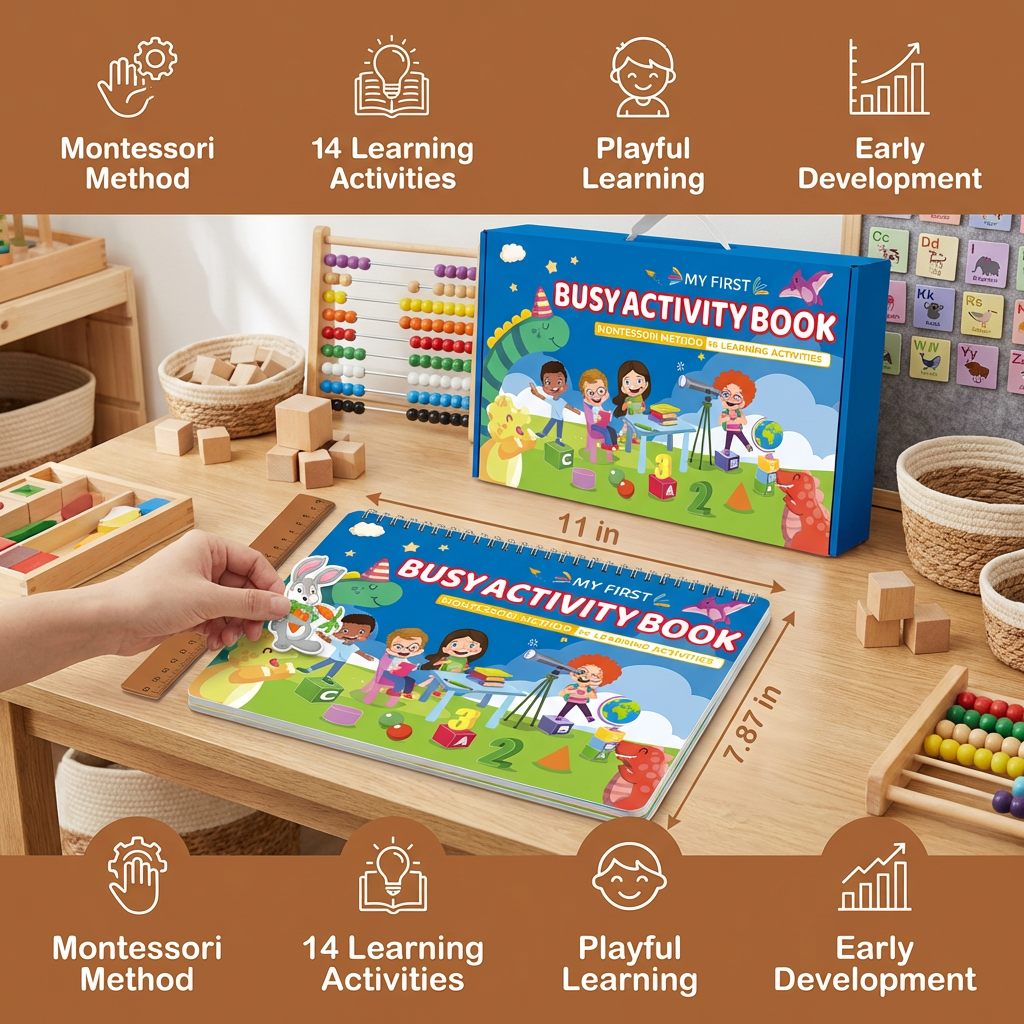 Interactive Busy Book with Colors, Numbers, Animals and Shapes Pages for Screen Free Play
