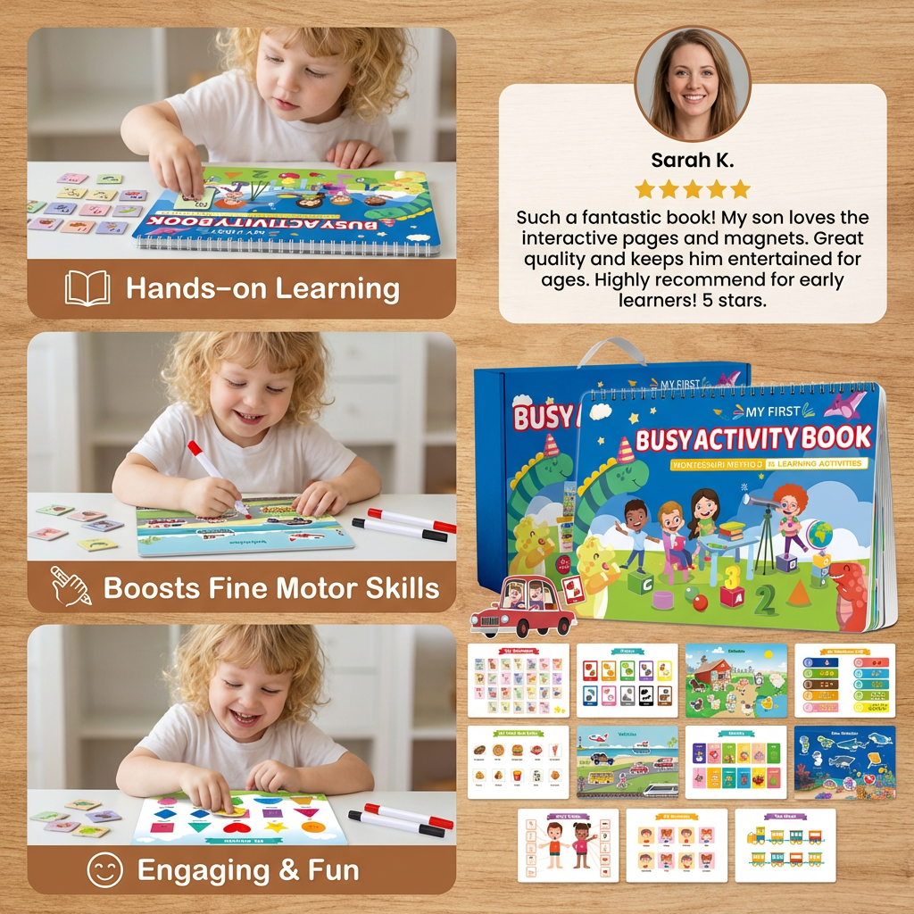 Interactive Busy Book with Colors, Numbers, Animals and Shapes Pages for Screen Free Play
