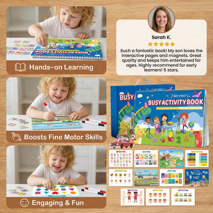 Interactive Busy Book with Colors, Numbers, Animals and Shapes Pages for Screen Free Play