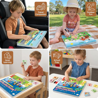 Interactive Busy Book with Colors, Numbers, Animals and Shapes Pages for Screen Free Play