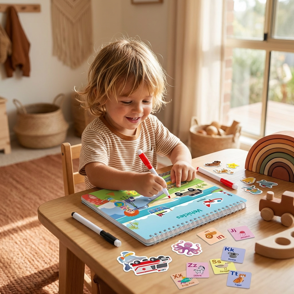 Interactive Busy Book with Colors, Numbers, Animals and Shapes Pages for Screen Free Play