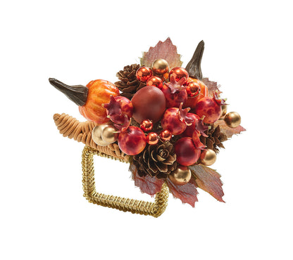 Harvest Cornucopia Napkin Ring Set with Raised Berries and Pumpkins, Pack of 4