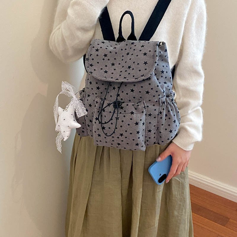 Drawstring Backpack with Star Pattern and Multiple Storage Pockets