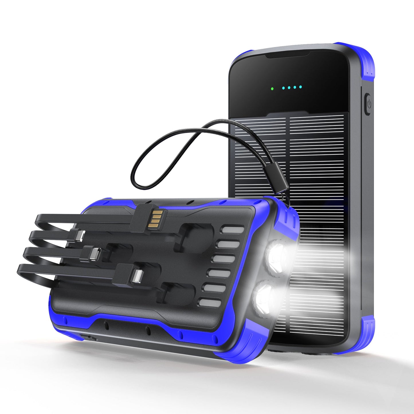 Solar Power Bank with Integrated Multi Tip Cables and LED Floodlight