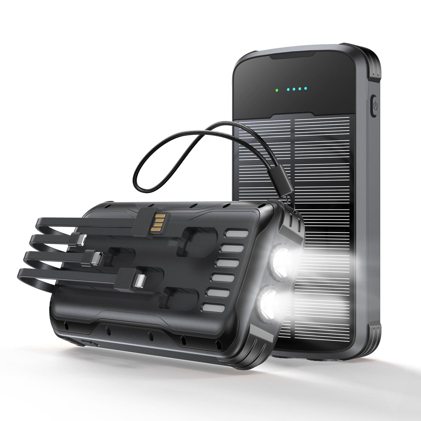 Solar Power Bank with Integrated Multi Tip Cables and LED Floodlight