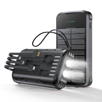 Solar Power Bank with Integrated Multi Tip Cables and LED Floodlight