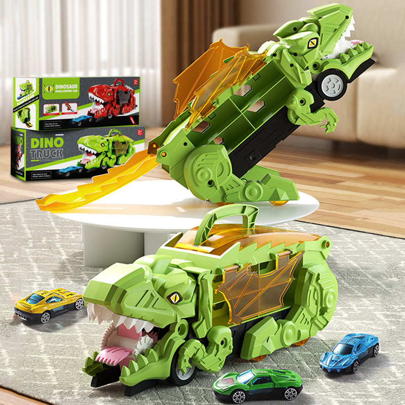 Dinosaur Truck Toy That Transforms and Swallows Two Cars with Flashing Lights in Blue Green Or Red