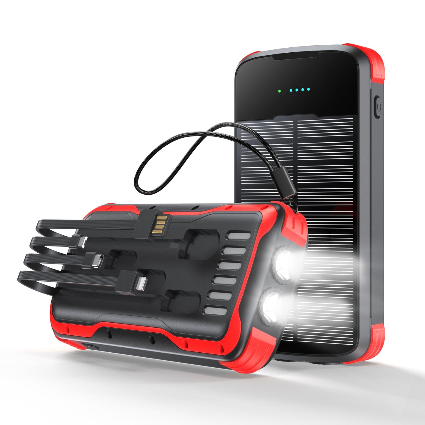 Solar Power Bank with Integrated Multi Tip Cables and LED Floodlight
