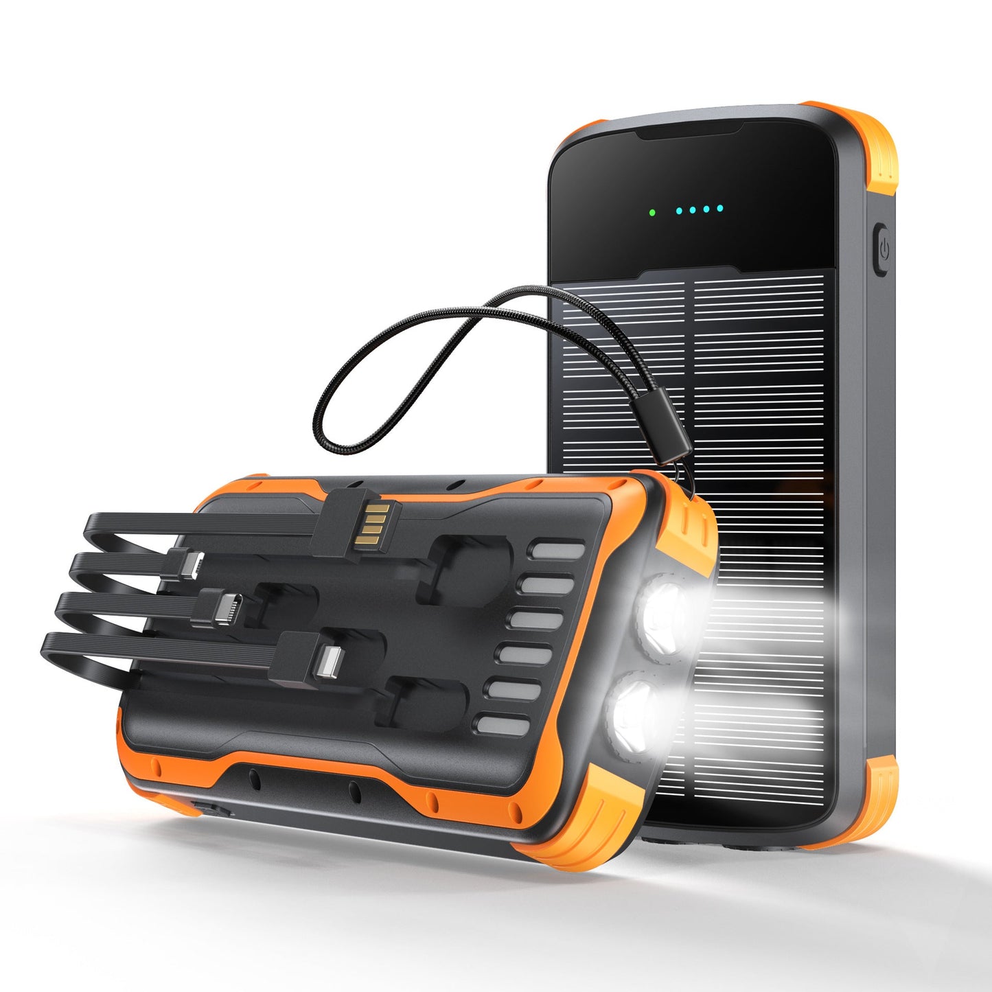 Solar Power Bank with Integrated Multi Tip Cables and LED Floodlight